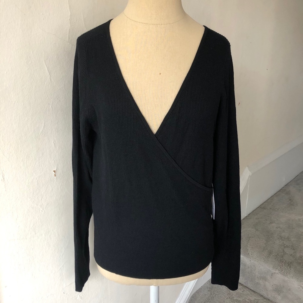 Leith Nordstrom Womens Black Rib Knit Faux Wrap Sweater Top NWT Size Large